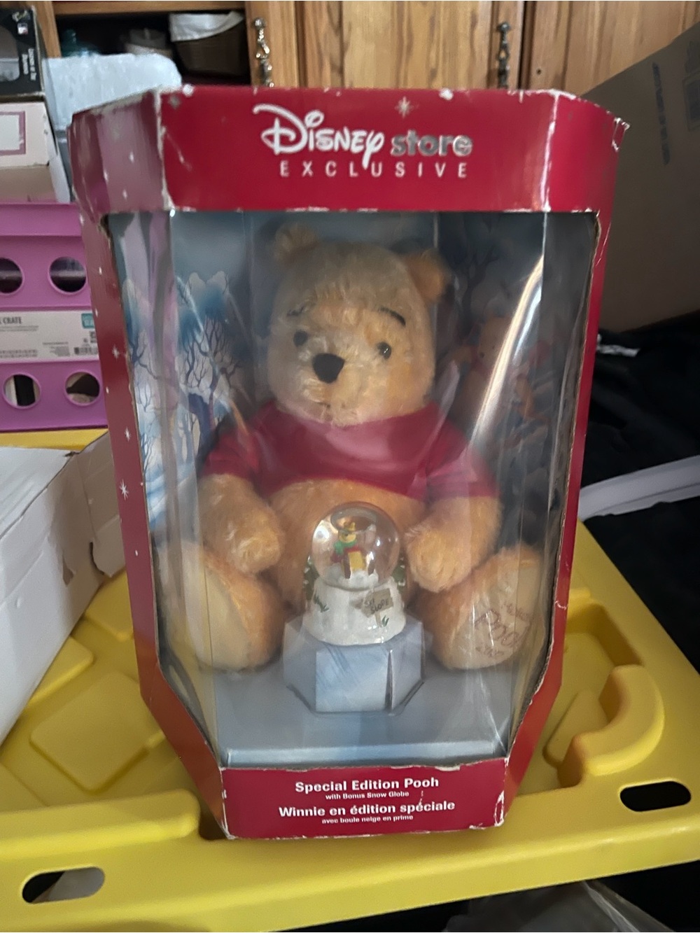 Disney Winnie the Pooh Plush with Red Shirt and Snow Globe Base